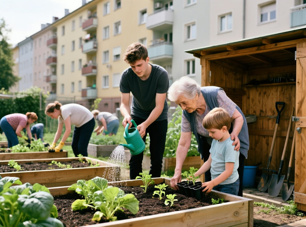 Bild 3: Menschen verschiedenen Alters arbeiten gemeinsam in einem Gemeinschaftsgarten zwischen Wohnhäusern in der Stadt.