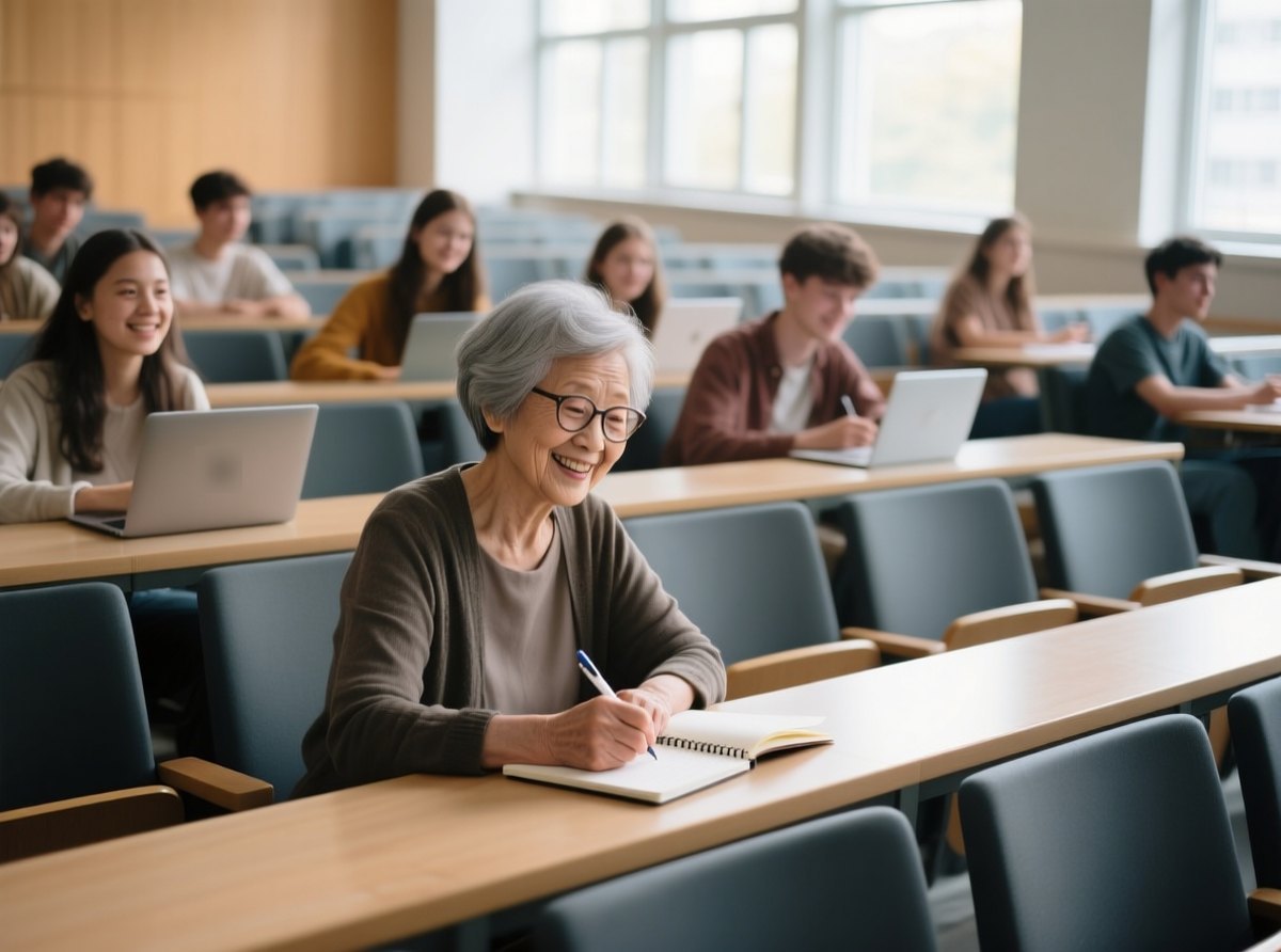 Foto 1: Eine ältere Frau mit grauen Haaren und Brille sitzt in einem Hörsaal zwischen jungen Studierenden und schreibt lächelnd in ihr Notizheft.