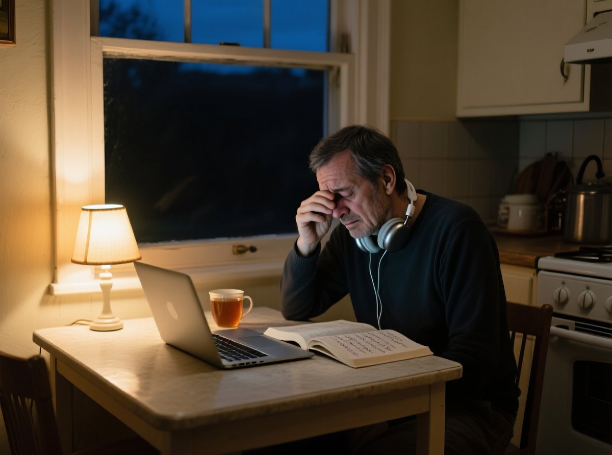 Foto 2: Ein Mann mittleren Alters lernt spätabends am Küchentisch mit Laptop, Kopfhörern und einem Lehrbuch; neben ihm steht eine Tasse Tee.