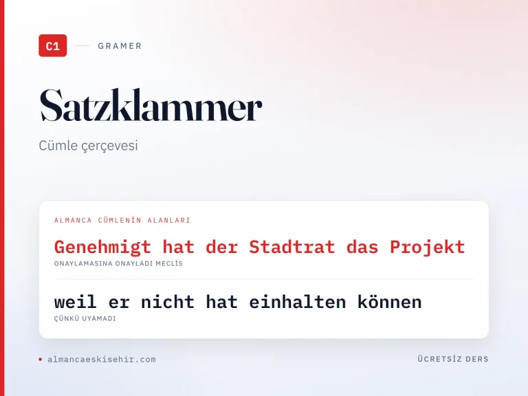 Cümle Çerçevesi — Satzklammer ve Mittelfeld (C1) kapak görseli: Genehmigt hat der Stadtrat das Projekt · weil er nicht hat einhalten können
